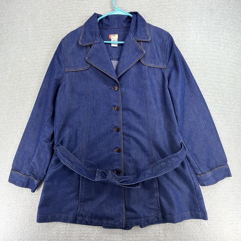 Levis Red Tab Womens L Denim Duster Trench Coat Belted Long Jean Jacket Y2K